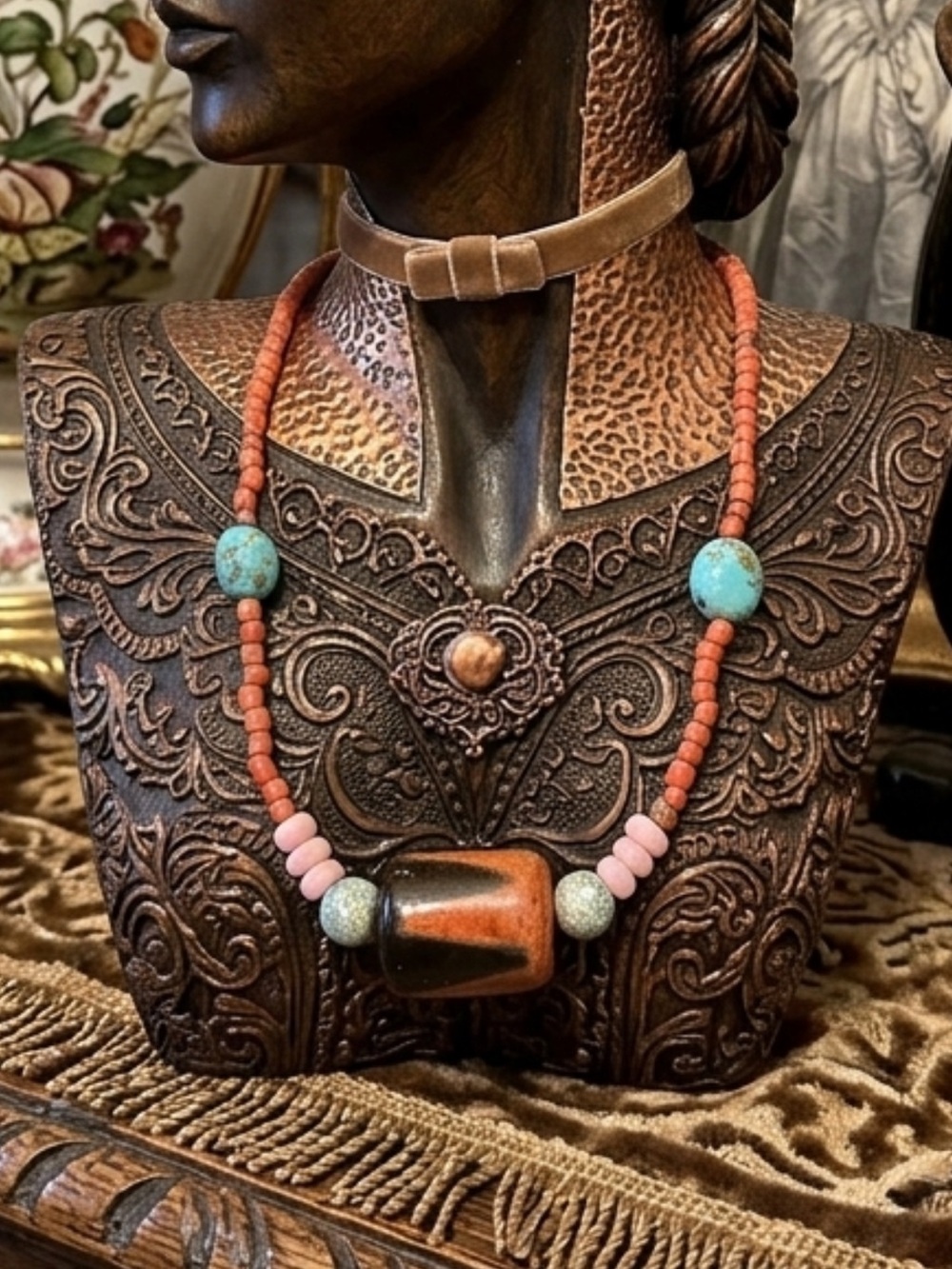 Boho Coral, Turquoise & Pink Beaded Necklace